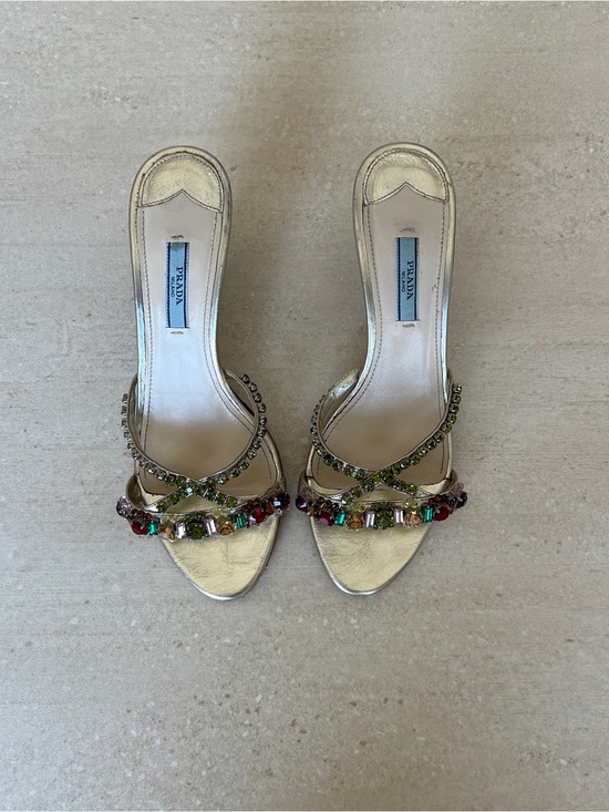 Prada Shoes - Prada Gold Crystal-Embellished Open-Toe Heels